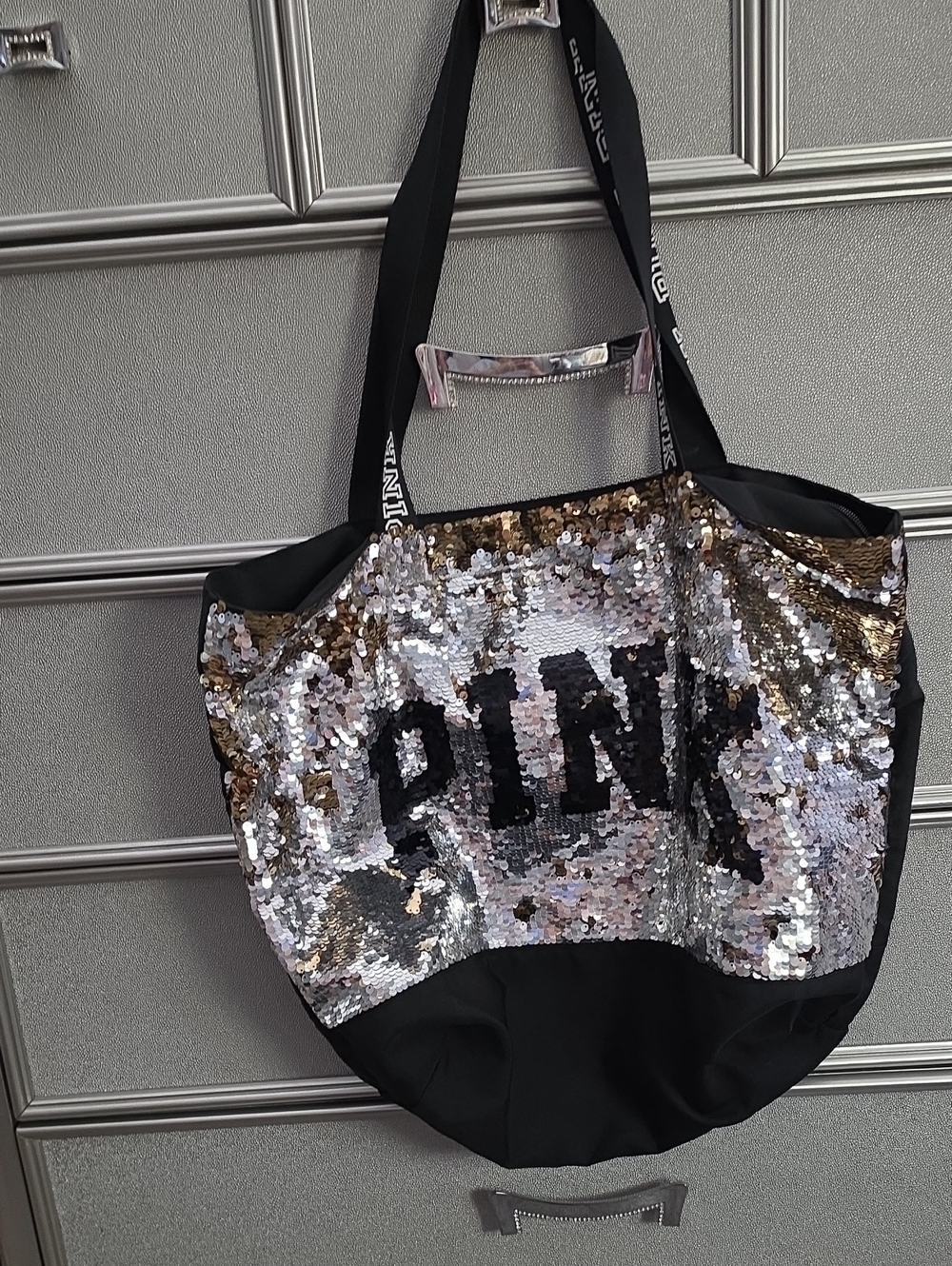 PINK Victoria's Secret Reversible Sequin Tote - Black, Silver, Gold